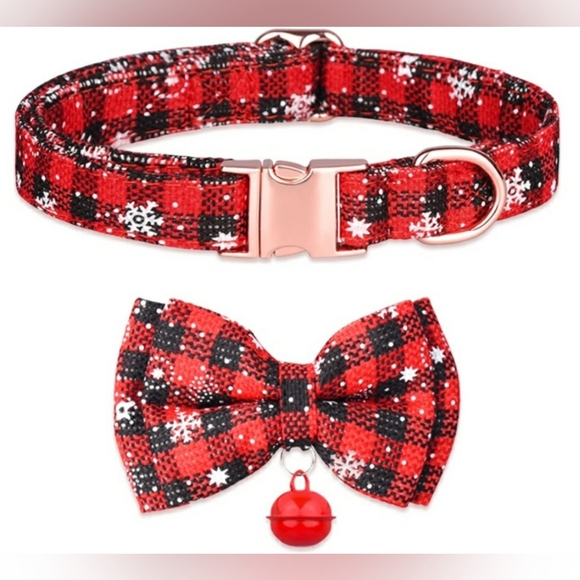 Christmas Plaid Dog Collar w/Rose Gold Buckles & Removable Bowtie w/Bell Size M - Picture 1 of 8